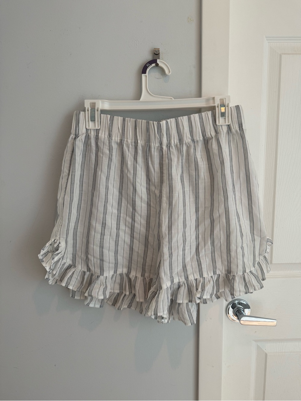 Ganni White Striped Ruffle Shorts, size M